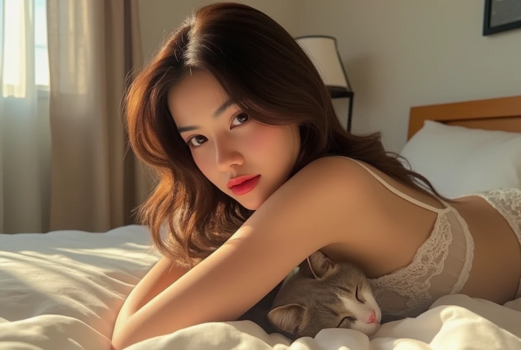 full body of a beautiful slender thai woman in sexy white lace bra,wavy hair, soft smile, make up, red lipstick, she lying on her side on bed in the bedroom, a cute cat sleeping in front of her body, soft natural light, sideview