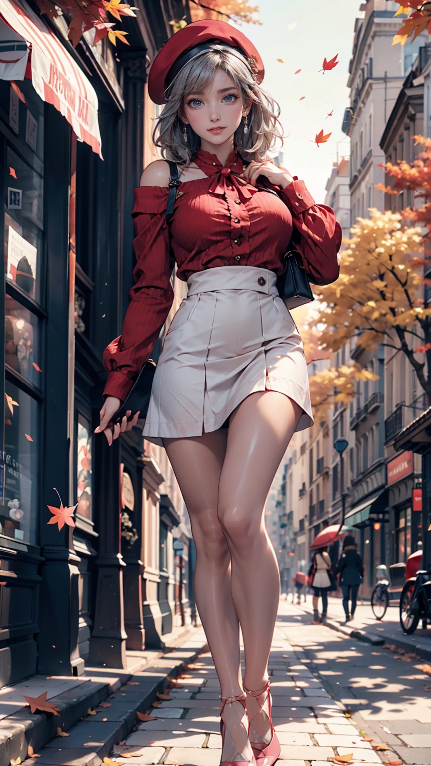 24 year old Caucasian female、 blue eyes、Eye Makeup、 lip gloss、 long lashes、 Silver Hair、 red beret 、 semi-long、 light pink blouse with frills、 high waist skirt 、 hang a pochette on your shoulder 、Stiletto heels、Paris、 Champs-Elysées in the World、Street trees with autumn leaves、fallen leaves、Fallen leaves dance in the wind 、Cobblestones、smile、 place your hands on a beret 