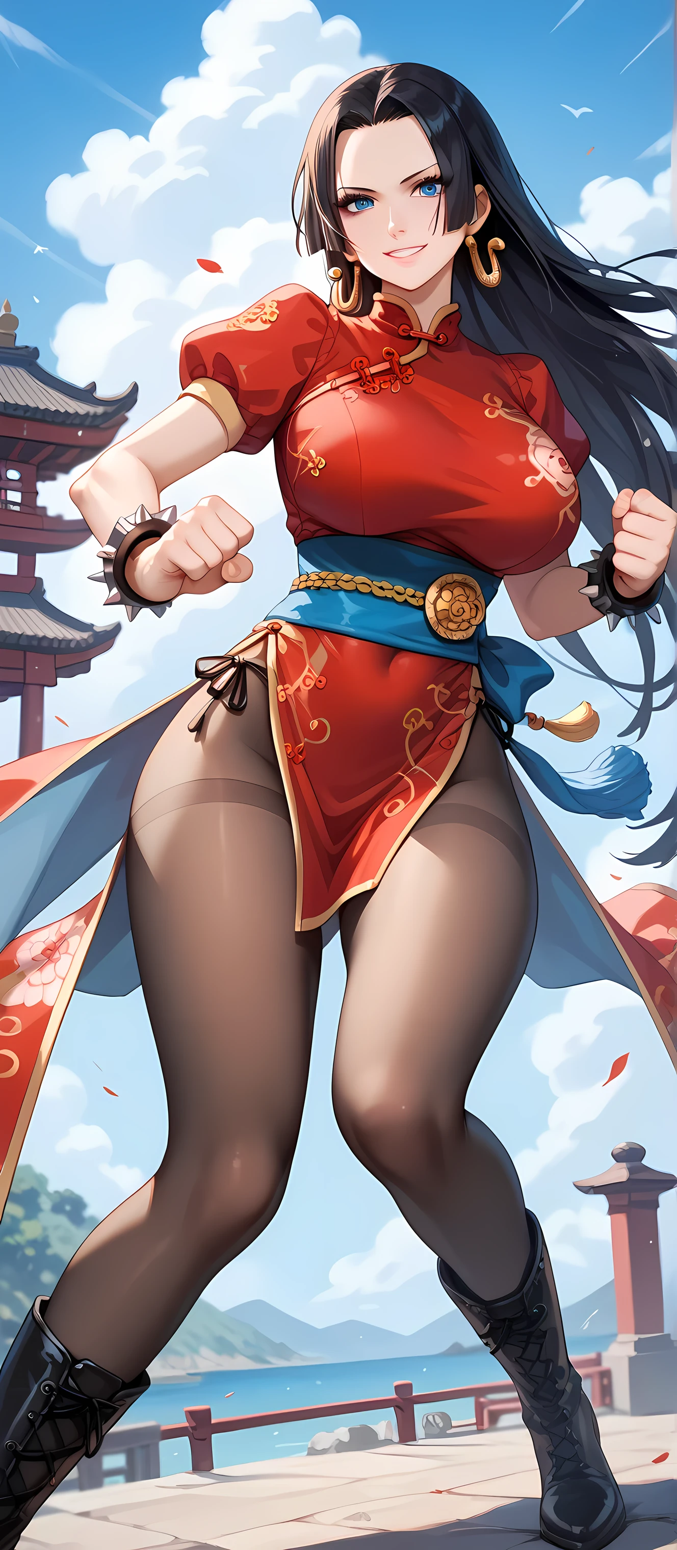 Anime source, Milf, motherly, Fitgirl, Score_8_up, Score_7_up,  break, Best Quality, Beautiful Skin, Boa Hancock, Black Hair, blue eyes, Long Hair, forehead, Large Breasts, 1girl, pantyhose, solo, jewelry, chinese_clothes, china_dress, bracelet, dress, spikes, boots, pelvic_curtain, spiked_bracelet, sash, black pantyhose, cross-laced_footwear, brown_hair, thighs, thick_thighs, lace-up_boots, white_footwear, fighting_stance, puffy_sleeves, smile, looking at viewer 