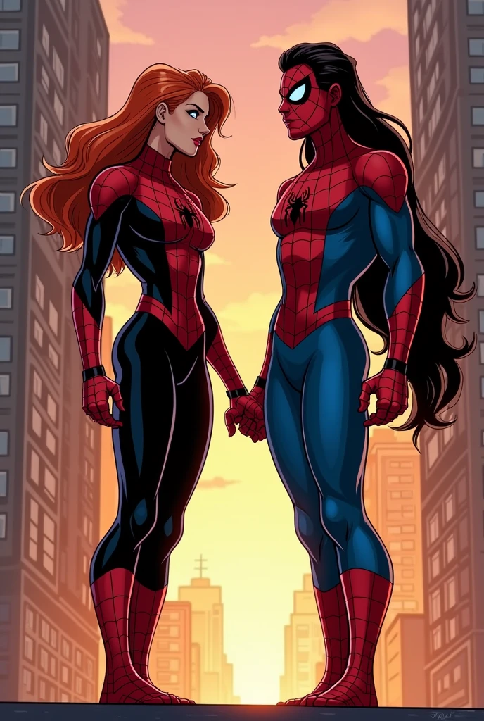 masterpiece, best quality:1.2, ((muscular:1.5)) ((2 beautiful girls:1.4)), busty, curvy, sexy, big_boobs, (digital painting:1.4), two beautiful girls in spiderman costume, facing each other, hugging, standing on a building, urban background, the best masterpiece, very high detail, realistic, 8k, photorealistic, (rain:1.3), soaked clothes, (wet skin:1.4), wet, (light smile:0.5)