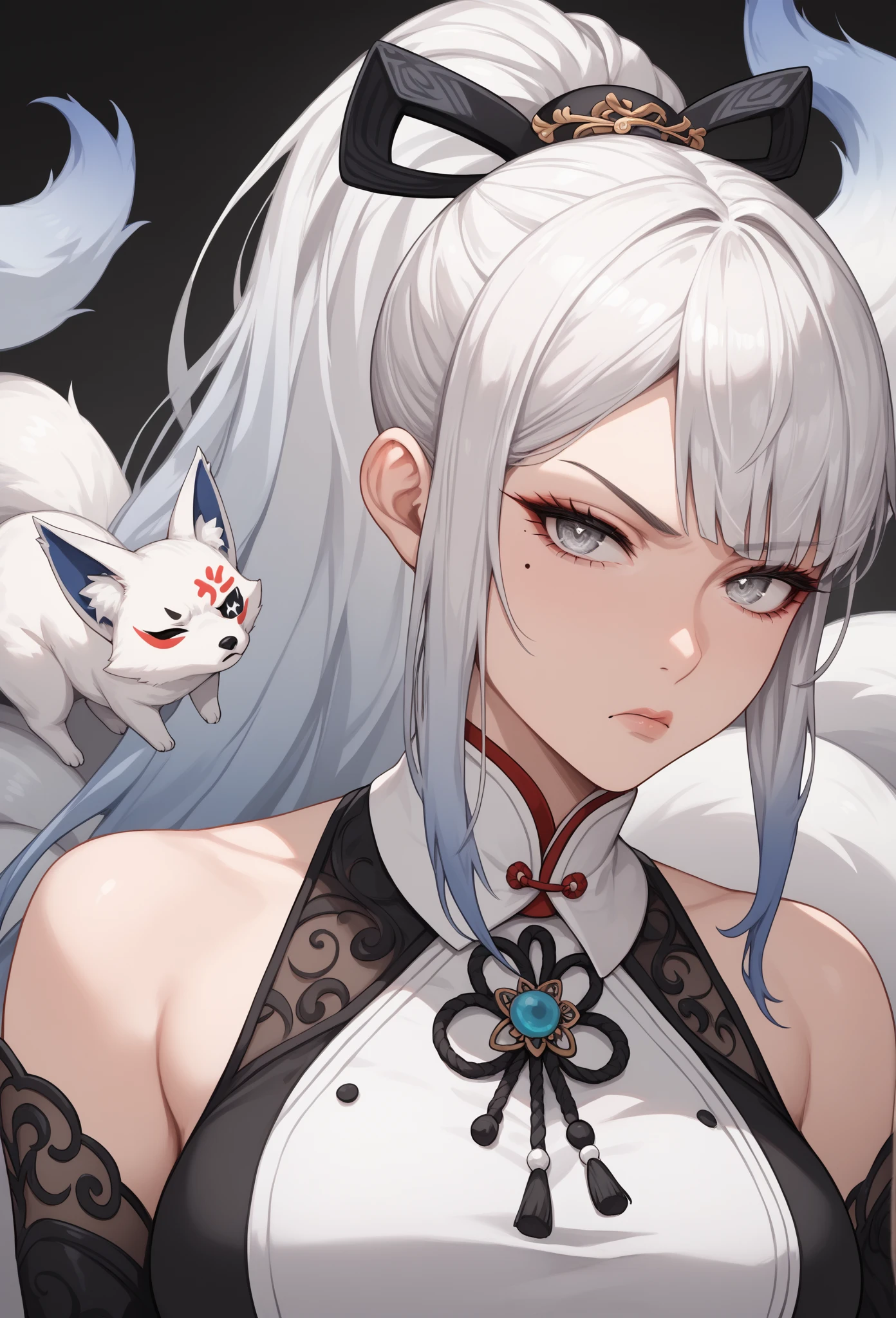 (Realistic:1.3), masterpiece, Highest quality, (Intricate details:1.2), (landscape:1.3), Beautiful Face, (Black Theme:1.3), (((One Girl、A girl wearing a white tiger patterned kimono with tiger ears and tail、(Please take a look:1.3)、(Face Tattoos:1.2)、White tiger ears、 )))、Ezvian everywhere、White Tiger Cosplay,White tiger on background