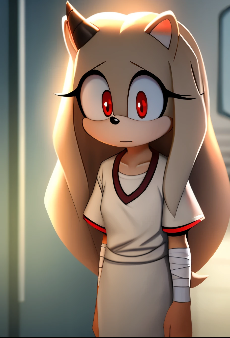 eri, long hair, (red eyes:1.5), (white fur), long hair, small horn, (single horn), female, Female hedgehog, mobian, Eri as a mobian hedgehog, hedgehog ears, short sleeves, hospital gown, bandages, bandaged arms, solo, basement, innocent eyes
