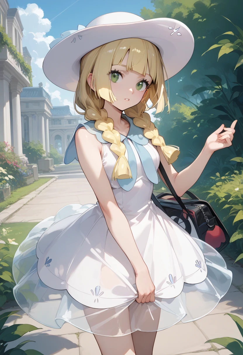 score_9, score_8_up, score_7_up, source_anime, lillie ,long hair/ponytail, blonde hair, green eyes, braid,twin braids, blunt bangs, hat, white headwear,dress, white dress, sleeveless, sleeveless dress, bag, see-through