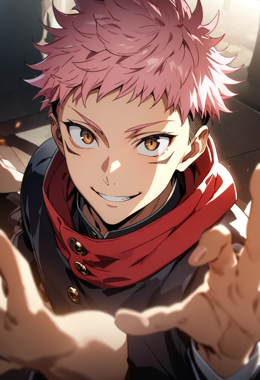 masterpiece,  best quality,  there are several dragons shining in seven colors dancing in the air、 1 boy who's still going, Yuuji Itadori,  Pink Hair,  spike short hair ,   undercut  ,  Brown Eyes , Facial markings,  red hoodie, gakuran,  jacket,  upper body, Alone,  is watching viewers, smile, simple background  best quality,  high definition , distinct image, Cinematic Light,  complicated_ Details,  high definition ,  Official Art, finely  Detailsed beautiful face,  high definition イラスト, 8k, Dark intense shadows,   Dynamic Range ,  tone mapping, crisp  Detailss,  Beautiful Fingers , beautiful body,Beautiful Nose, Beautiful Character Designs, (Perfect Eyes),  perfect face,expressive eyes, perfect balance,  3 rules 