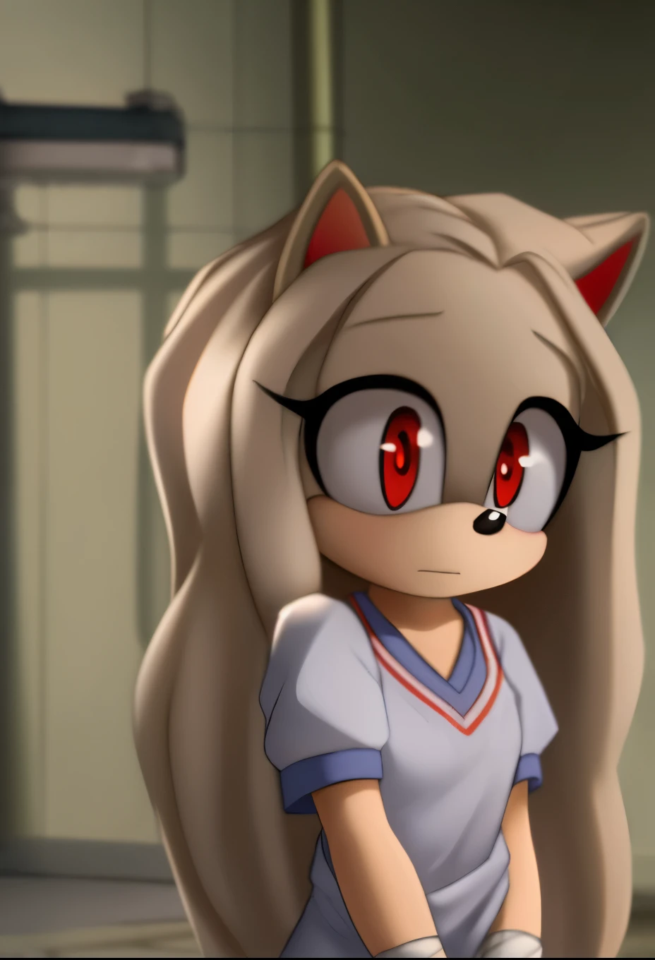 eri, long hair, (red eyes:1.5), white fur, long hair, small horn, (single horn), female, Female hedgehog, mobian, Eri as a mobian hedgehog, short sleeves, hospital gown, bandages, bandaged arms, solo, basement, innocent eyes
