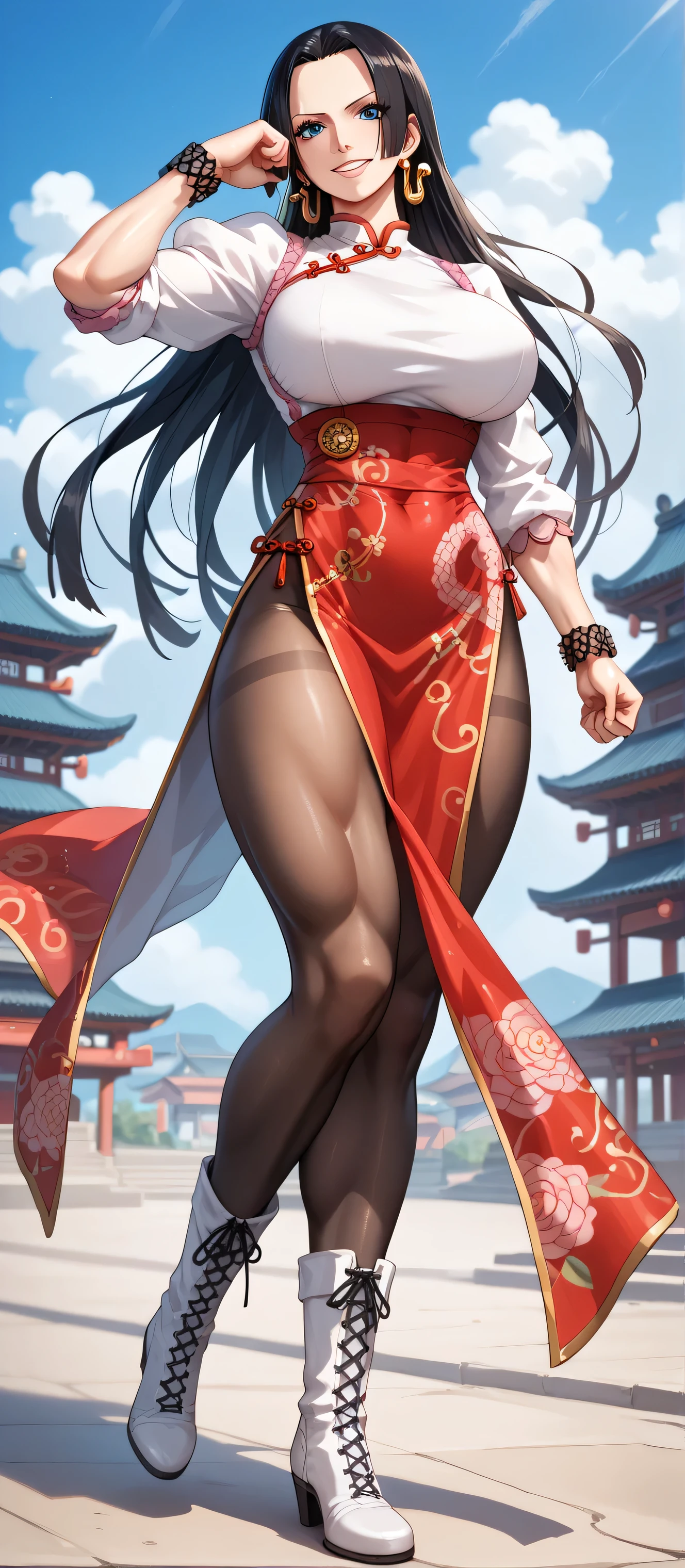 Anime source, Milf, motherly, Fitgirl, Score_8_up, Score_7_up,  break, Best Quality, Beautiful Skin, Boa Hancock, Black Hair, blue eyes, Long Hair, forehead, Large Breasts, 1girl, pantyhose, solo, jewelry, chinese_clothes, china_dress, bracelet, dress, spikes, boots, pelvic_curtain, spiked_bracelet, sash, black pantyhose, cross-laced_footwear, brown_hair, thighs, thick_thighs, full_body, lace-up_boots, muscular_female, white_footwear, fighting_stance, puffy_sleeves, smile, looking at viewer 