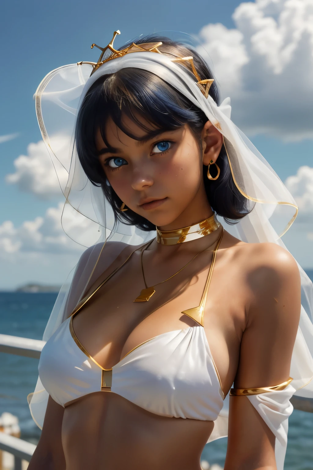 best quality, masterpiece, young french girl, blue eyes, (****:1.4), ((tanned skin)), (silhouette lighting:1.1), (upper body:1.3), low twintails hair with bangs, large breast, (white silk bikini with gold accents:1.2), (underboob:1.4), ((tiara, face veil)), (wearing gold accessories:1.3), oasis landscape, heat haze, clouds, ((windy)), C7b3rp0nkStyle