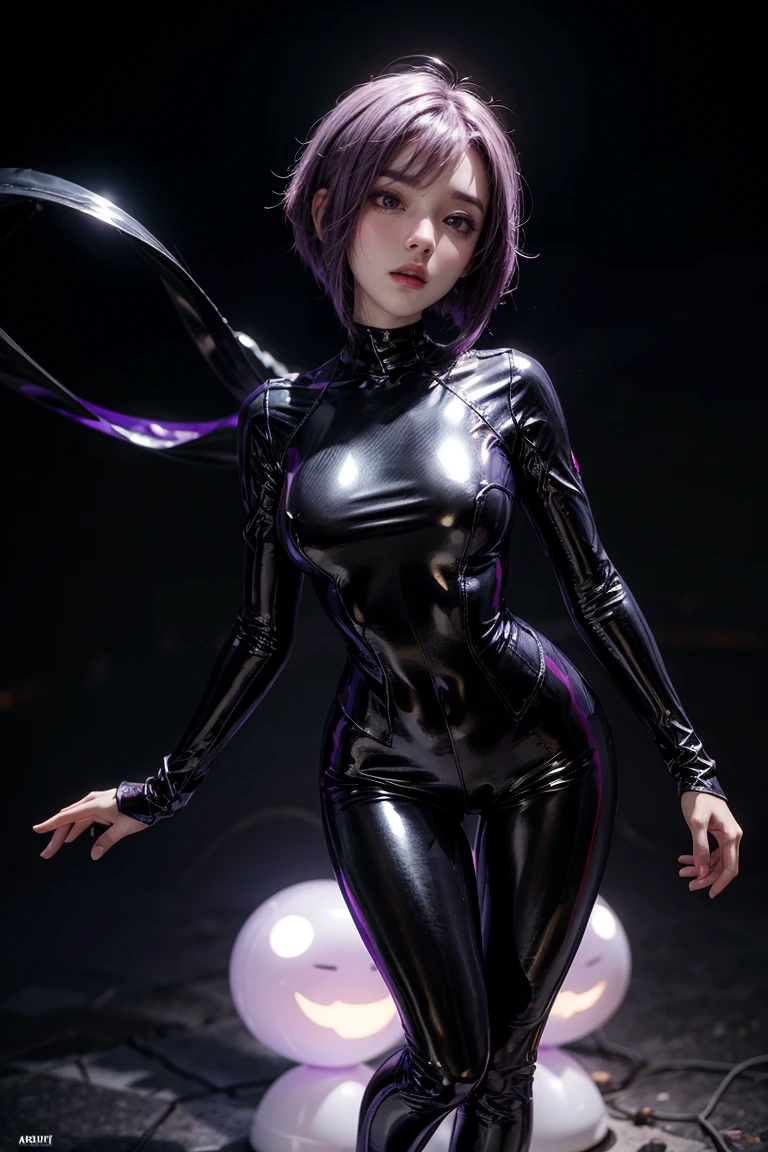  It shows a beautiful girl with short purple hair with a slim figure,  Violet Eyes,  a close up of a woman in a purple and silver outfit , ,  shiny skin,  anime style ,  full body suit , purple body,  3D rendered art of character , 8k ,  shiny latex suit cyberpunk , Stylish as a ghost in the shell ,  tight full body suit ,  Futuristic shiny latex suit , Character from King of Fighters, realistic anime 3D style