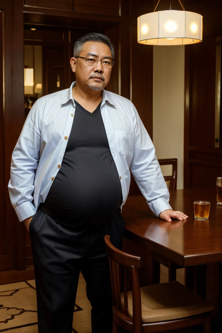 ( high quality , actual ,photo actual :1.37),( is of the best quality,4K,8K, high resolution,masterpiece:1.2),portrait,50-year-old Chinese man, displeased ,50 years,waiter,Father,type,Bright room, bright and soft lighting, rich color . suit ，Wearing glasses，fat，Beer belly，pregnant，beard，Goatee