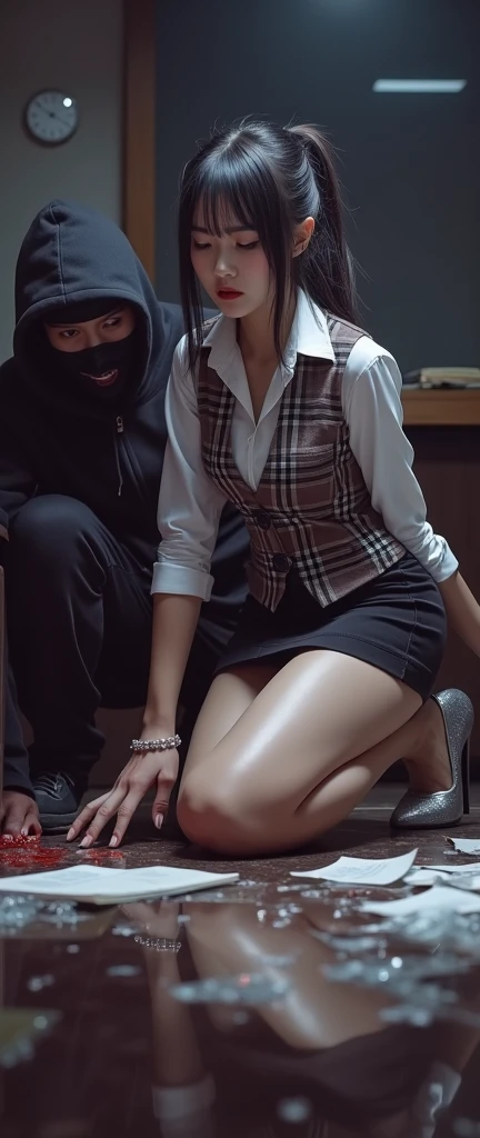 photo of a man fucking in the ass a soaked and sweaty completly clothed horny prime minister of parliament woman bent over her desk , head complelty down , monica bellucci at 45 years old , eyes closed in front of a man, the man is fucking her in the ass , doggy style, (( Monica is dressed with a grey tellier double breasted jacket grey turtleneck sweater , and a black long maxi-skirt(black long maxi-skirt:1.2 )) (( black ponytail hair)) (( she is wearing his favorite vintage grey silk gloves )) (( cumshot moment, bettie is having a really pleausure orgasm,he grinds his teeth in pain, she is feeling hard pain, she is screamin pain)) (( grey silk gloves)) (( he is grabbing strongly from behind Monica's hair))