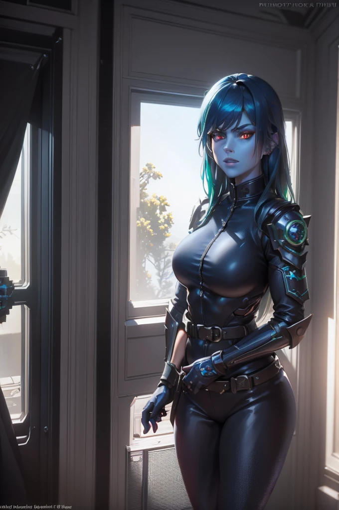 A female Chiss with blue skin, green hair, and red eyes, wearing a black jumpsuit, tool belt, in a full body pose, standing next to a window in the hallway of a spaceship, (best quality,4k,8k,highres,masterpiece:1.2),ultra-detailed,(realistic,photorealistic,photo-realistic:1.37),detailed cyberpunk character, hyper realistic, highly detailed face, intricate details, dramatic lighting, sci-fi, cinematic, moody atmosphere, cinematic lighting, dramatic lighting, vibrant colors, depth of field