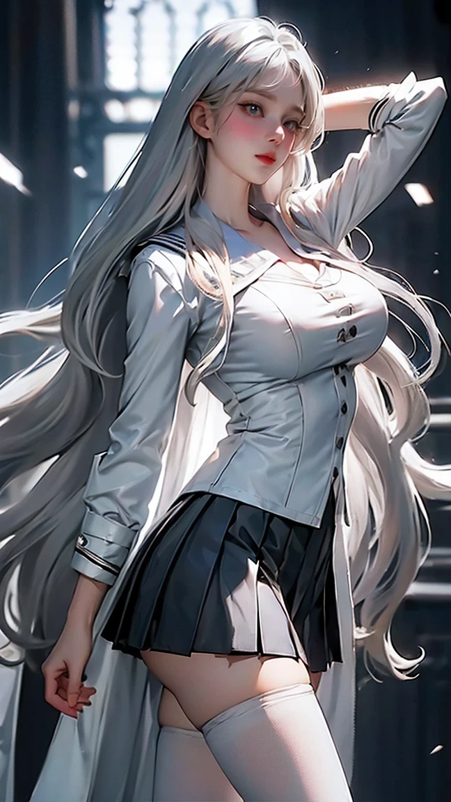 Layering,(( is, He wears half a white coat.)),(Sailor collar uniform), shirt,  Pleated Skirts,( black pantyhose),[:( detailed face :1.2):0.2],  RAW photo, (masterpiece), ( best quality),  high definition , (Realistic, photo-Realistic:1.2), Super detailed, Physically based rendering,  one girl , , Long Hair, (  silver hair),  wavy hair in front of the station, Big Breasts 
