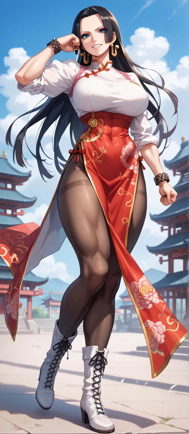 Anime source, Milf, motherly, Fitgirl, Score_8_up, Score_7_up,  break, Best Quality, Beautiful Skin, Boa Hancock, Black Hair, blue eyes, Long Hair, forehead, Large Breasts, 1girl, pantyhose, solo, jewelry, chinese_clothes, china_dress, bracelet, dress, spikes, boots, pelvic_curtain, spiked_bracelet, sash, black pantyhose, cross-laced_footwear, brown_hair, thighs, thick_thighs, full_body, lace-up_boots, muscular_female, white_footwear, fighting_stance, puffy_sleeves, smile, looking at viewer 