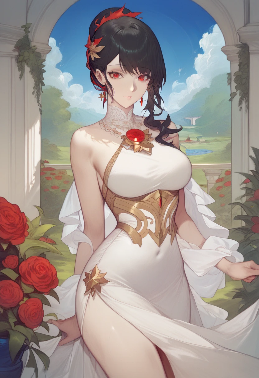 (Best quality, High resolution, Masterpiece :1.3), a pretty woman (short black hair, straight bangs, red eyes, pale skin) wearing Greek goddess clothes (cetin white dress with openings and gold details) in a beautiful scenario (beautiful garden on the background, sunny day)