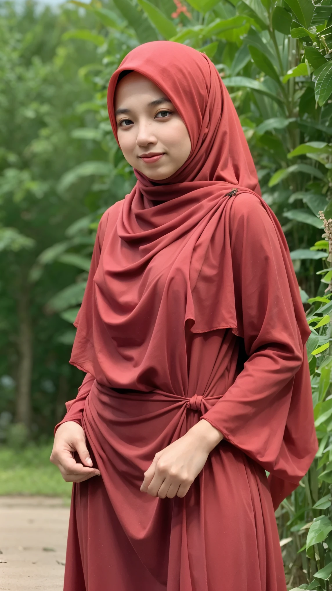 A 20 yo woman with ((red hijab)), Realistic, Photorealistic, 8K, Masterpiece, Best Quality, High Definition, Live Action, RAW Photo, Single Woman, sexy, modest red baju kurung, ((no hair exposed)), from head to hip, cowboy shot, 