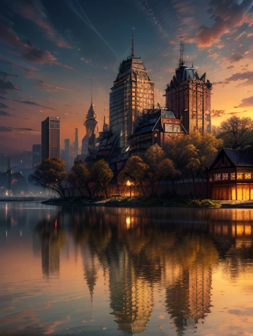 (masterpiece:1.2,Illustration， best quality, ultra high resolution, Very detailed),((The city reflected on the surface of the water))，(cute、Chibi character,Baby kitsune),8k, 