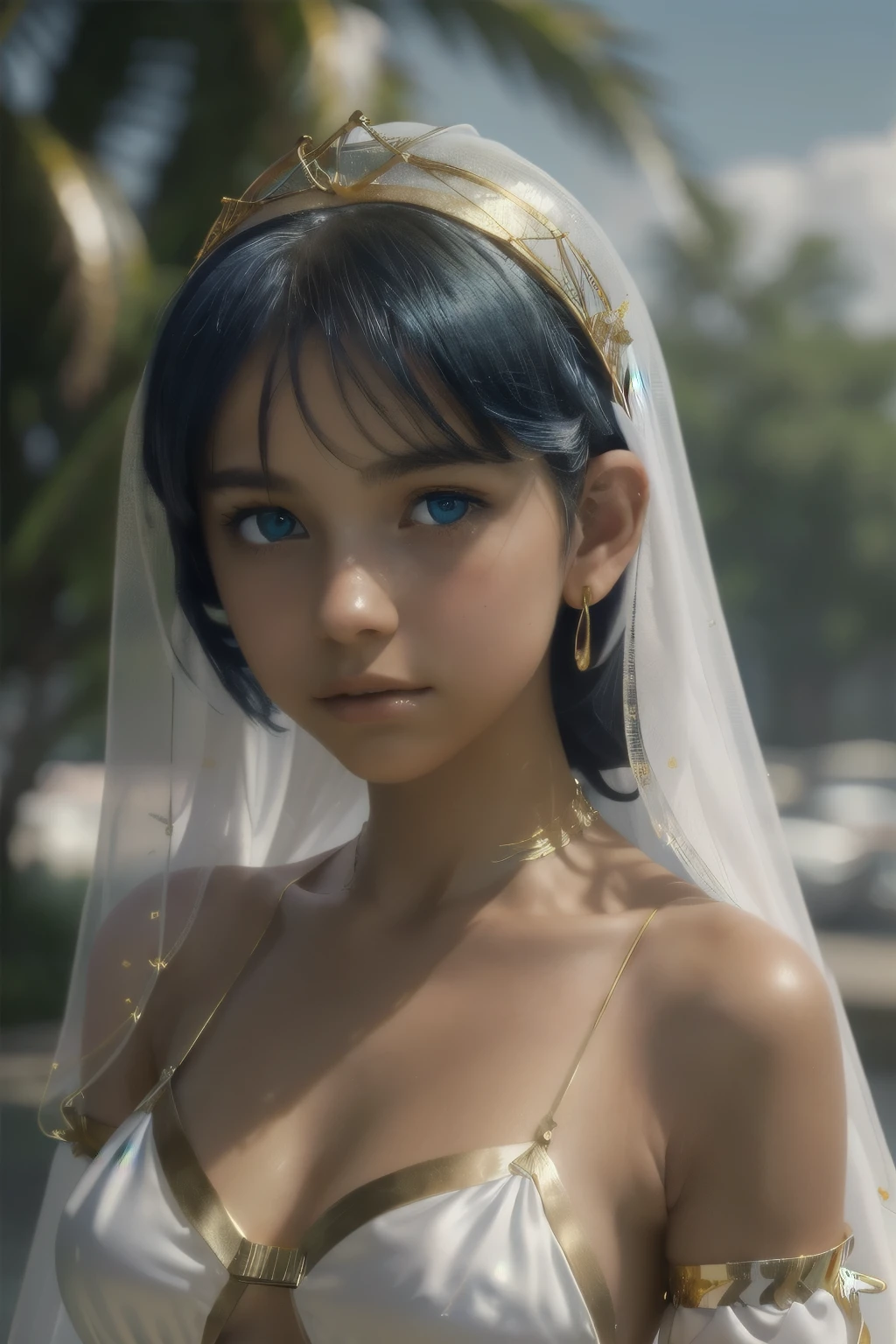 best quality, masterpiece, young french girl, blue eyes, (****:1.4), ((tanned skin)), (silhouette lighting:1.1), (upper body:1.3), low twintails hair with bangs, large breast, (white silk micro bikini with gold accents:1.2), ((tiara, face veil)), (wearing gold accessories:1.3), oasis landscape, heat haze, clouds, ((windy)), C7b3rp0nkStyle