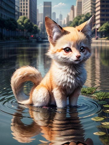 (masterpiece:1.2,Illustration， best quality, ultra high resolution, Very detailed),((The city reflected on the surface of the water))，(cute、Chibi character,Baby kitsune),8k, 