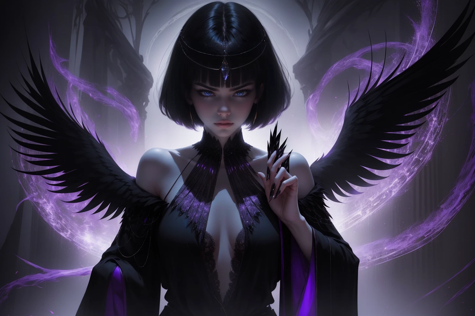 she has short hair, flowing raven-black hair (bangs) and pale, almost ethereal skin. Her eyes are a deep violet, giving her an otherworldly appearance. She dresses in flowing robes of dark purple and black, often adorned with symbols of the occultism, sexy, backwards, looking back, (perfect hands, perfect fingers), intrigant