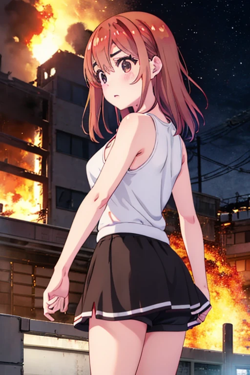 Sumi Sakurasawa、holding hundgun、at night、fence、1 girl、 cleavage、 Black Tank Top、 sexy black shorts、Turn around and show your butt、Infiltrate a military base、Military base exploding in flames、The building is on fire