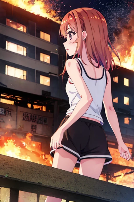 Sumi Sakurasawa、holding hundgun、at night、fence、1 girl、 cleavage、 Black Tank Top、 sexy black shorts、Turn around and show your butt、Infiltrate a military base、Military base exploding in flames、The building is on fire