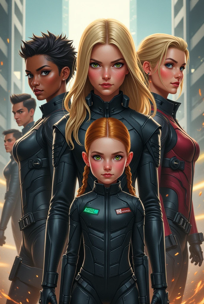 three small children in green jackets posing for a photo, young blond fantasy thief, Perfect Android girl family, 4k symmetrical portrait, 4k symmetrical portrait, Retrato VFX altamente detalhado, cute sci-fi twins, Retrato VFX altamente detalhado of, cabelo loiro olhos verdes, Rostos UHD ultrarrealistas, science fiction symmetrical portrait, olhar carrancudo :: Octane rendering