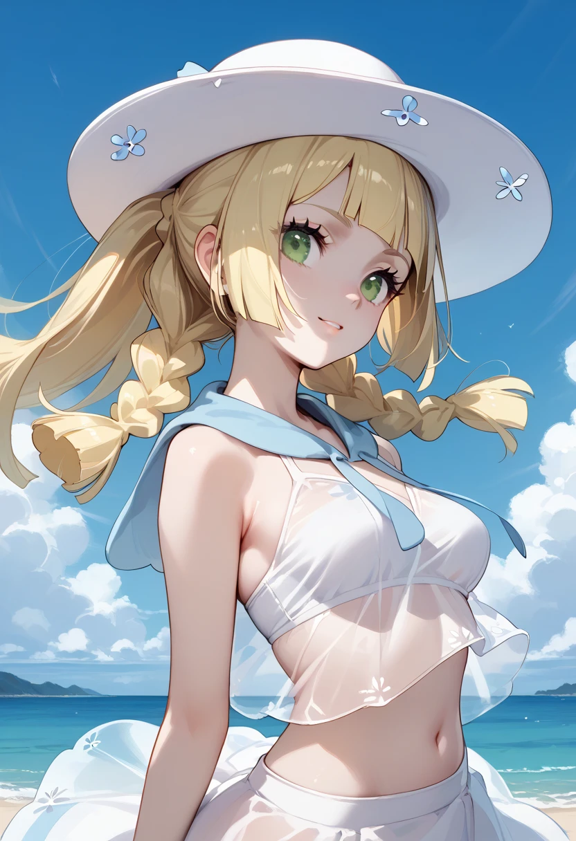 score_9, score_8_up, score_7_up, source_anime, lillie ,long hair/ponytail, blonde hair, green eyes, braid,twin braids, blunt bangs, hat, see-through, white bikini body