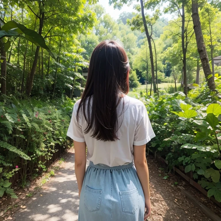 Japanese Garden,good、highest quality,Japanese ,Realistic characters, shape, Very detailed, finely, High resolution, Finely beautiful eyes,, Center of chest, Natural color lip, Wearing a short-sleeved crew neck summer knit,60-year-old 、A painful expression、Cloudy、The wind is blowing、Hair is stiff、Walking straight down a country road、Back view、Turning around、Turning around顔、Show your face here、Bust up images、