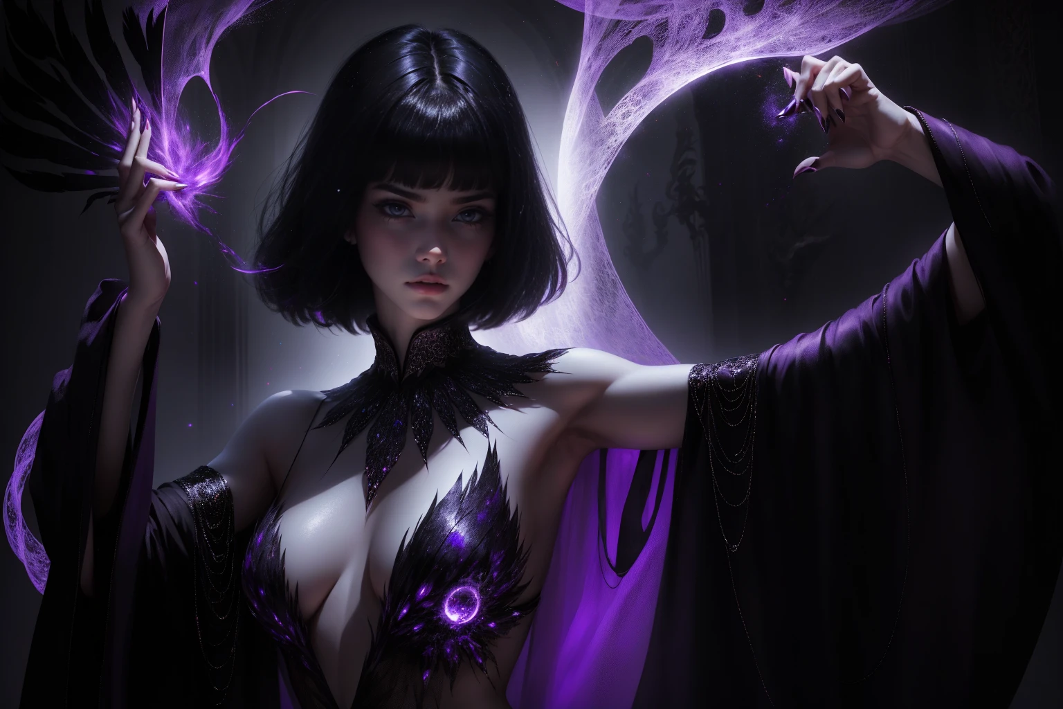 she has short hair, flowing raven-black hair (bangs) and pale, almost ethereal skin. Her eyes are a deep violet, giving her an otherworldly appearance. She dresses in flowing robes of dark purple and black, often adorned with symbols of the occultism, sexy, dancing lightly, (perfect hands, perfect fingers), intrigant