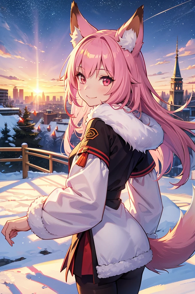  1 girl, fur on FL, fox girl, fur on FL female, fox ears,  animal ears , Nazuna_Hiwatashi, Pink Hair,Long Hair, red eyes, (Animal Nose, triangular nose ),  fox ears, ((bushy Tail, Tail)), ( High Quality , 最 High Quality , (4K), hi res, masterpiece, beautiful, high deTails),  happy ,  is watching viewers,  knight ,  is watching viewers, deTailed eyes, smile,  starry sky , city,