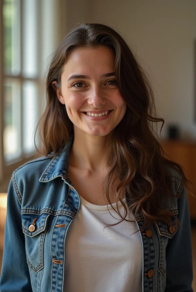 one cute women, 20YO, white, Arab, cute face, realistic brown eyes, blue jacket, brown hair, cute smile, skinny face, white realistic teethes, big eyes, very long hair