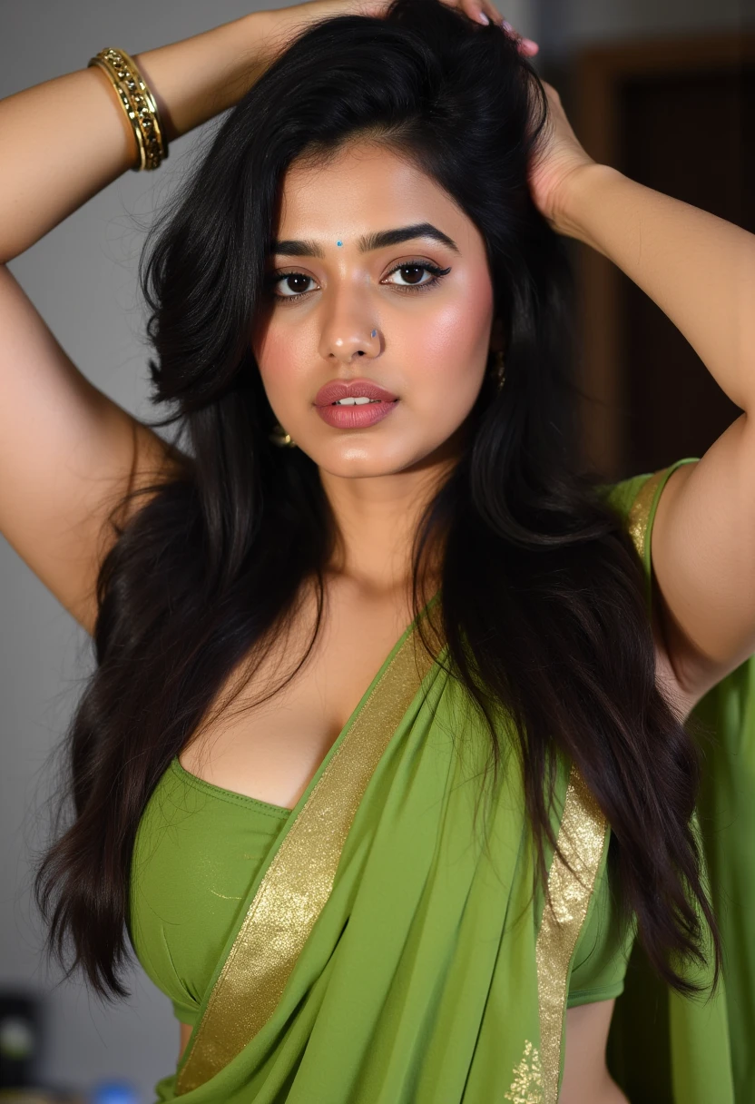 ((full body, nude, naked curvy figure)), ((Indian milf, indian woman, milf)), (((ultra realistic))) Photo, masterpiece, top quality, (pale skin), (Ultra detailed face and eyes:1.2), 1 girl, Adult, ((in one size too small saree)), strapless saree blouse, ((very heavy eye makeup, mascara)), ((fake detailed lips)), ((shiny wavy hair)), ((Stylish hairstyle)) , (({Enormous|Gigantic|Big|Huge|Mega|Fake} pushed-up breasts)), (very slim waist). ((very huge cleavage)), photoshoot, (Soft) Lighting, (The play of light and shadows), depth of field, bokeh, (special attention to skin detail: 1.2), (special attention to enormous breast size: 1.2), (((special attention to extra tight clothing size: 1.2))), Detailed texture, skin pores, oily skin. (Erotic atmosphere of the frame.), UDR, ((Film grain)), ((rays)), (Glare), ((sexy body)) , ultra detialed, ((oily skin, oily body, shiny skin))((hands behind head, curvy figure, erotic poses, erotica, erotic smile, )) ((green colour saree ))((standing, curvy figure)) sweaty skin , 