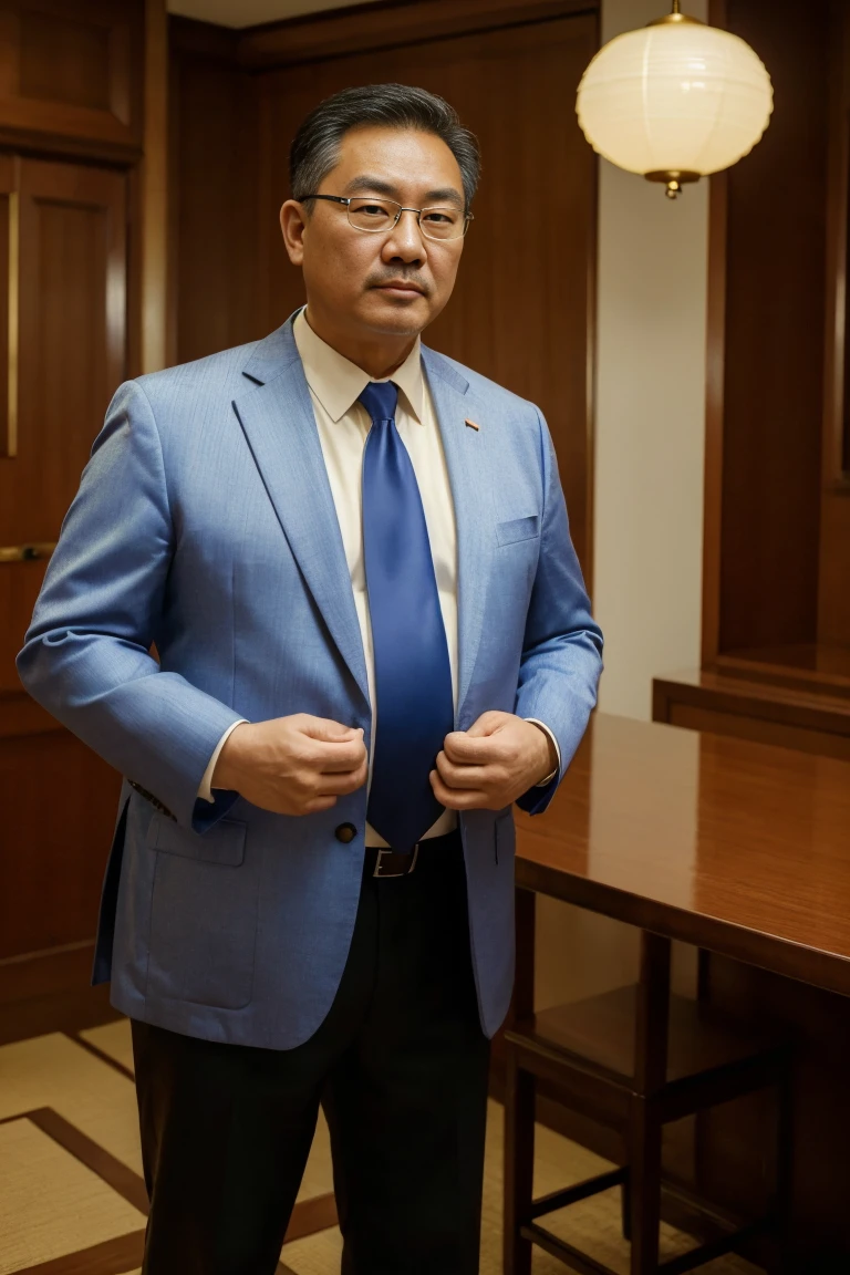 ( high quality , actual ,photo actual :1.37),( is of the best quality,4K,8K, high resolution,masterpiece:1.2),portrait,50-year-old Chinese man, displeased ,50 years,waiter,Father,type,Room ,University classroom, bright and soft lighting, rich color . suit ，Wearing glasses，fat，Beer belly，pregnant，beard，Goatee，整齐的 suit 