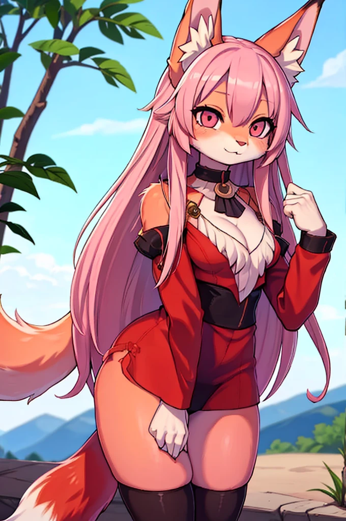  1 girl, fur on FL, fox girl, fur on FL female, fox ears,  animal ears , Nazuna_Hiwatashi, Pink Hair,Long Hair, red eyes, (Animal Nose, triangular nose ),  fox ears, ((bushy Tail, Tail)), fluffy fur,