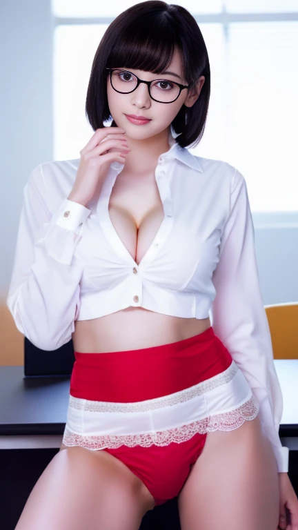 (masterpiece:1.3), (8k, Realistic, RAW Photos, Best image quality: 1.4), Japanese, (1 girl), Beautiful Face, (Lively Faces), (short hair:1.3), Beautiful Hairstyles, Realistic eyes, Beautiful Eyes, (Realistic Skin), Beautiful Skin, charm,Big Breasts、office、(Shooting from a distance、Beautiful feet、whole body:1.7)、(Look here、He turned his body towards me、front、forward leaning posture、munechira:1.3)、(The bra is slightly visible、Brasilia:1.3)、(White shirtを着ている、Round Neck Shirt、A shirt with a slightly open chest、White short sleeve shirt、White shirt:1.8)、(Cleavage:1.2),smile、smile、Beautiful fingers先、(Japanese office lady,beauty:1.5)、(Black spats、White shirt、Tight shirt、Clothing that emphasizes your body line),(The edge of the bra is slightly visible、Exposed breasts、Brasilia:1.3)、(Hospital room、hospital、Health Room:1.2)、(Female doctor、Female doctor、Wearing a white coat:1.4),(V-neck shirt,Cleavage、Black tight skirt、The bra is slightly visible:1.7),(Red embroidered bra、Wearing a skirt that is not made of lace、レース素材ではないWearing a shirt:1.5)、Sitting、(Panties are visible、lace pantie、Crotch is visible:1.6)、Anatomically correct、(Wearing a shirt、Wearing a tight skirt:1.8)、(Tuck in your shirt、Tuck your shirt into your skirt:1.3)、(Anatomically correct手の構造、Anatomically correct指の構造、Delicate fingers、Beautiful fingers、Delicate fingers)、(白いWearing a shirt、White collar shirt、White sleeve shirt:1.5)