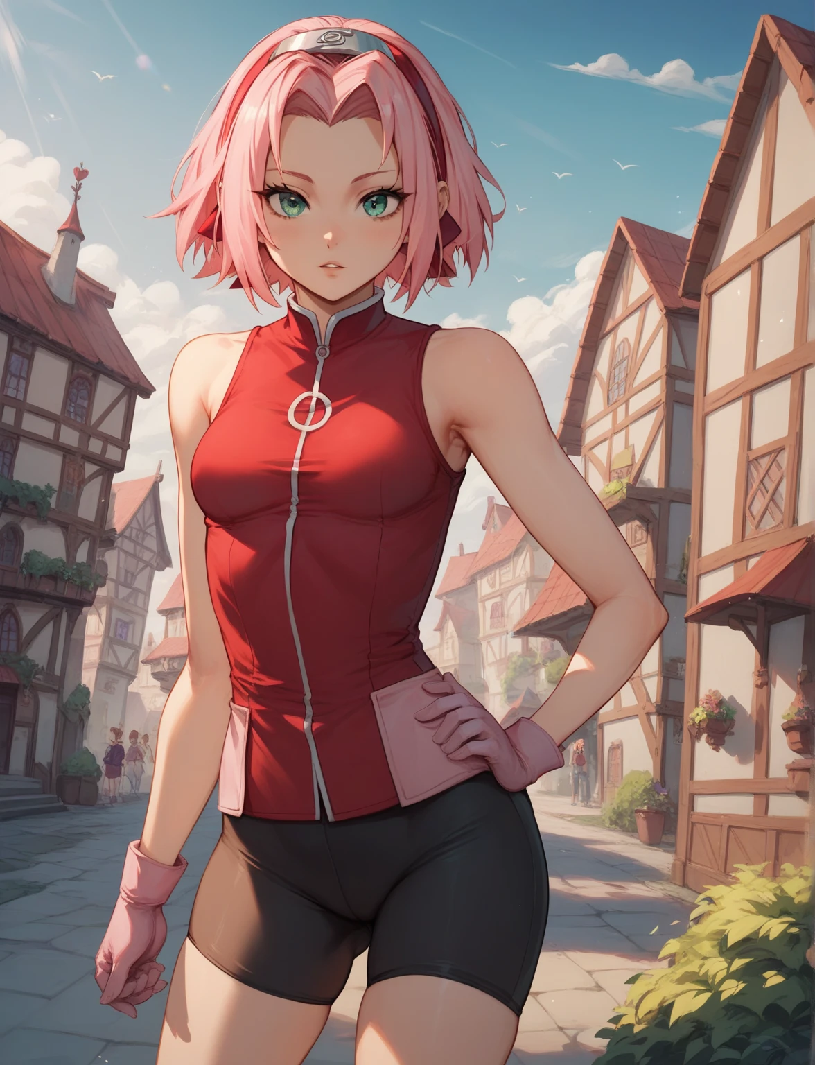 masterpiece, best quality, 1woman, 1girl, anime artworks, haruno sakura, pink hair, short, hair, green eyes, forehead, ((young female, sexy body, small breasts)), forehead protector, red shirt, sleeveless, bike shorts, shorts, black gloves, natural shading, lighting, showcase, 8k uhd, outdoors, village, simple backround,