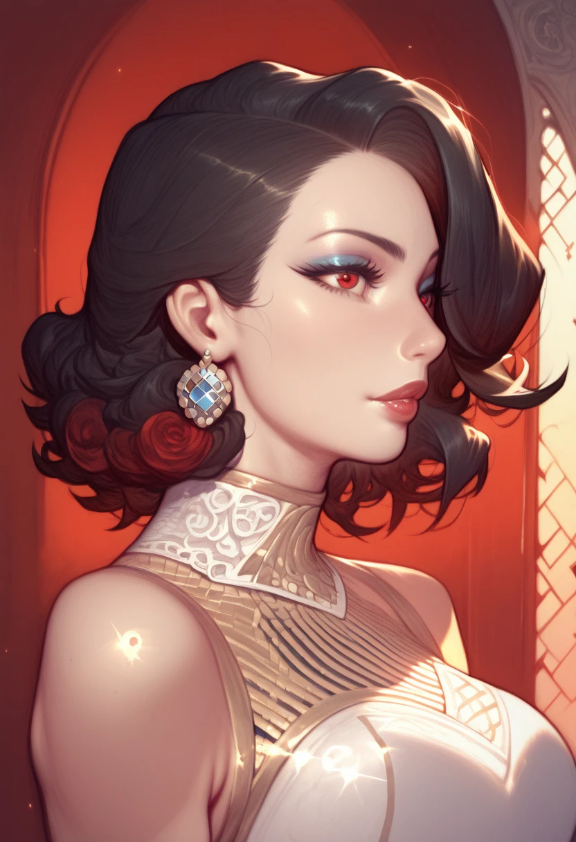 score_9, score_8_up, score_7_up, score_6_up, beautiful aesthetic, very intricate, high quality details, 1girl, pale skin, wavy short black hair, red eyes, fantasy rouge clothes, detailed,