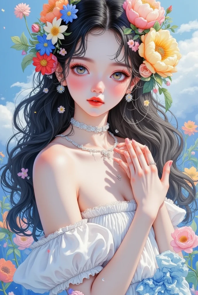 Oil painting of a girl with flowers in her hair, artstrationTrend , Lovely art style,  exquisite digital art , Lovely realistic portrait , Digital Anime Illustration,  soft anime illustration ,  fantasy art style , 可爱的数字艺术,   created in Bowater's art style  , Beautiful digital illustrations, 8K high-definition detailed picture,  Dreaming of Flying Through the Sky , Flower Goddess