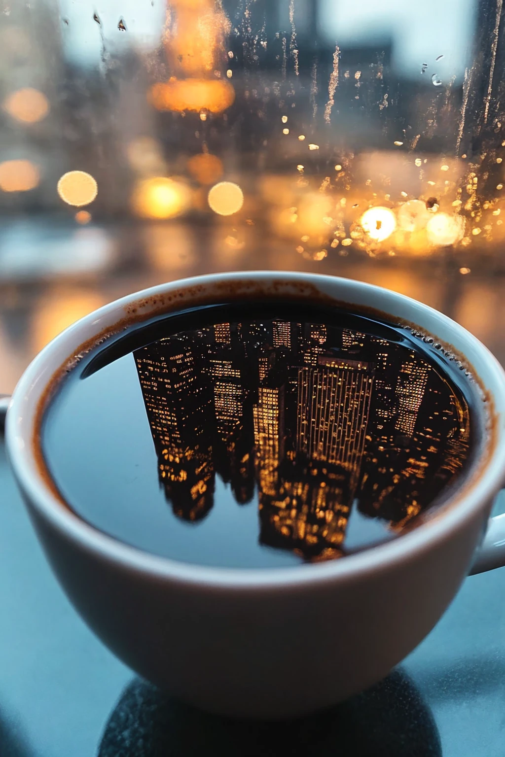 close-up of a cup of coffee with the reflection of the city can be seen in it