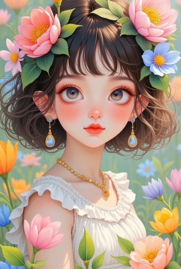 Oil painting of a girl with flowers in her hair, A digital painting inspired by Cheng Yanjun, ArtStation, Fantasy Art, artstrationTrend , Lovely art style,  exquisite digital art , Lovely realistic portrait , Digital Anime Illustration,  soft anime illustration , Fantasy Art style, 可爱的数字艺术,   created in Bowater's art style  , Beautiful digital illustrations