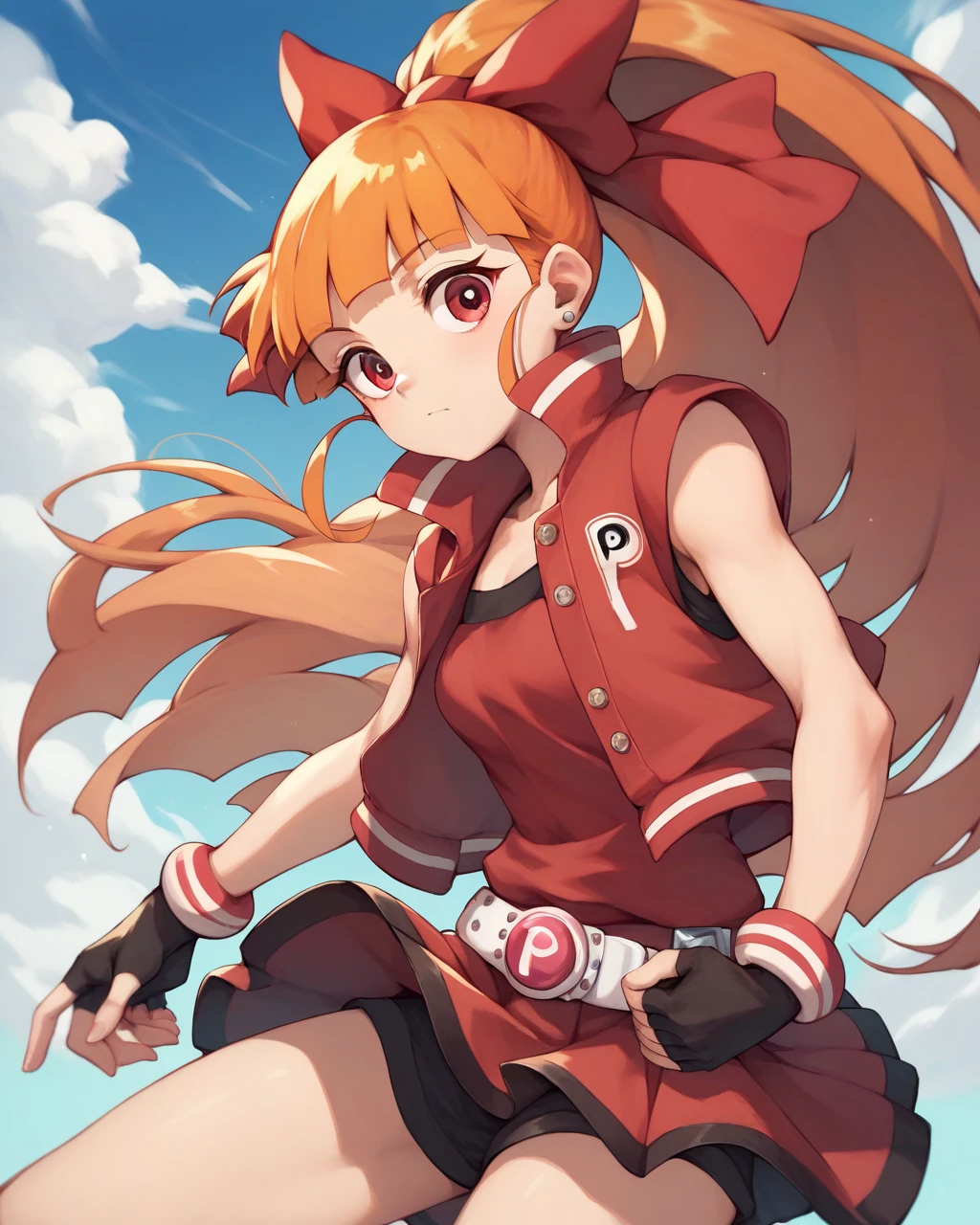 akazutsumi momoko, 1girl, solo, long hair, red eyes, blunt bangs, orange hair, ponytail, red bow, fingerless gloves, skirt, belt, red vest, sexy pose, sky background 