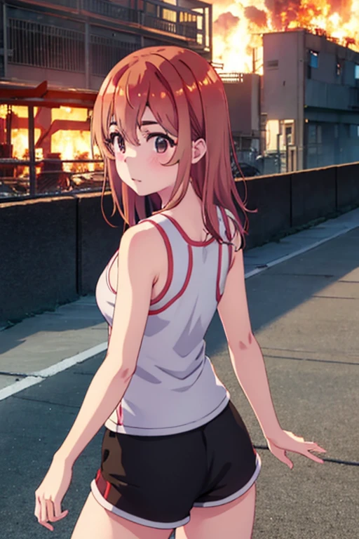 Sumi Sakurasawa、holding hundgun、at night、fence、1 girl、 cleavage、 Black Tank Top、 sexy black shorts、Turn around and show your butt、Infiltrate a military base、Military base exploding in flames、The building is on fire