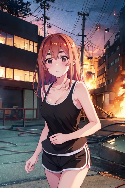 Sumi Sakurasawa、holding hundgun、at night、fence、1 girl、 cleavage、 Black Tank Top、 sexy black shorts、Turn around and show your butt、Infiltrate a military base、Military base exploding in flames、The building is on fire