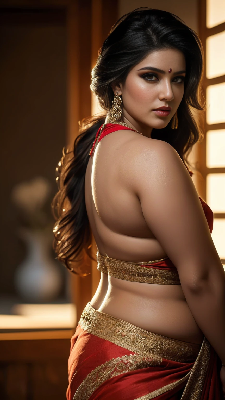  Beautiful cute  tamanna bhatia, with thick thighs and a curvy waist,  wearing a  beautiful Indian dress, ((low waist)), (tied  hair)), (( beautiful Indian dress)) , bindi on forehead, highly detailed, depth of field, cinematic lighting, intricate, ((26yo, gorgeous face, model, makeup)), gorgeous Indian woman in indoor wearing  blouse, fair skin, makeup, curvy, tall, hourglass figure, seductive , ((looking at left)), jewelry, black hair, ((big  :1.0)), ((wide hips:1.1)), full figured, seductive, photorealism, hyper realistic, full face Blush, ((seductive face))  , (Voluptuous model embodying the spirit of a JRPG heroine), (Slim fit body accentuating her curves), (Huge breasts, subtly emphasized for realism), (Best quality rendering in 4K, achievable in 8K, high resolution), (Ultra-detailed and photorealistic: 1.37), (Studio lighting, casting soft shadows and illuminating every detail), (Sharp focus on the model's captivating features), (Physically-based rendering bringing depth and texture to her skin), (Digital art artfully blending reality and fantasy),showing heels, full body view, pishachini, gothic, horror, thick eye liner, standing, wearing blouse, bottom half saree, highly textured skin, deep cleavage, oiled skin, 