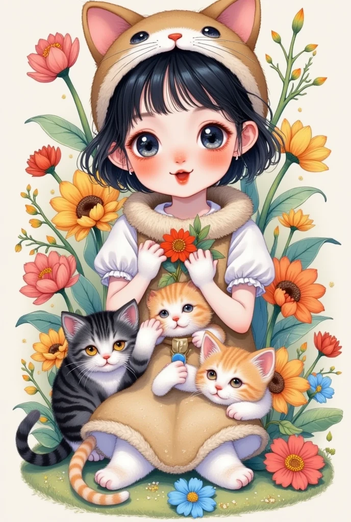  cartoon drawing of a woman with a cat and a cat, whole body portrait of a short!, whole body!, whole body肖像, whole body character, whole body illustration, Cartoon cute , Color Sketch, In anime style, Anime style characters, Costume Design, whole body concept, Catwoman, !!whole body portrait!!, whole body portrait, whole body character portrait