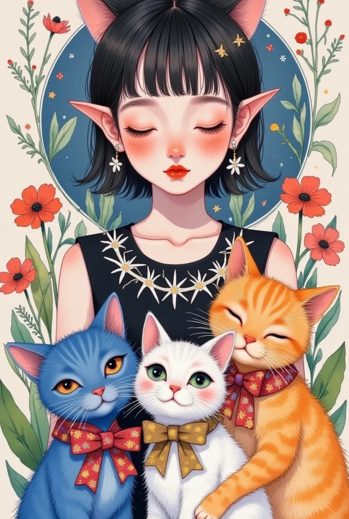  Cartoon drawing of ， depicts a woman with a cat and a cat, A gouache， inspired by Jean Hey  , tumblr, Serial Art, whole body portrait of a short!, whole body!, whole body肖像, whole body character, whole body illustration, Cartoon cute , Color Sketch, In anime style, Anime style characters, Costume Design, whole body concept, Catwoman