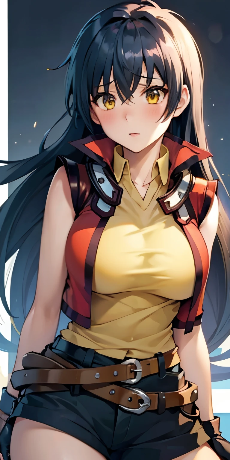 1 Female,High definition,high resolution,Ultra-realistic,8K, hmrei, long hair, black hair,yellow eyes,red jacket ,collared shirt, yellow shirt, sleeveless, belt, black shorts, black gloves, large breasts,European,sexy,Upper body close-up,Photographed from the front,Dynamic Angles,(blush), (medium tits) ,(wide thighs)