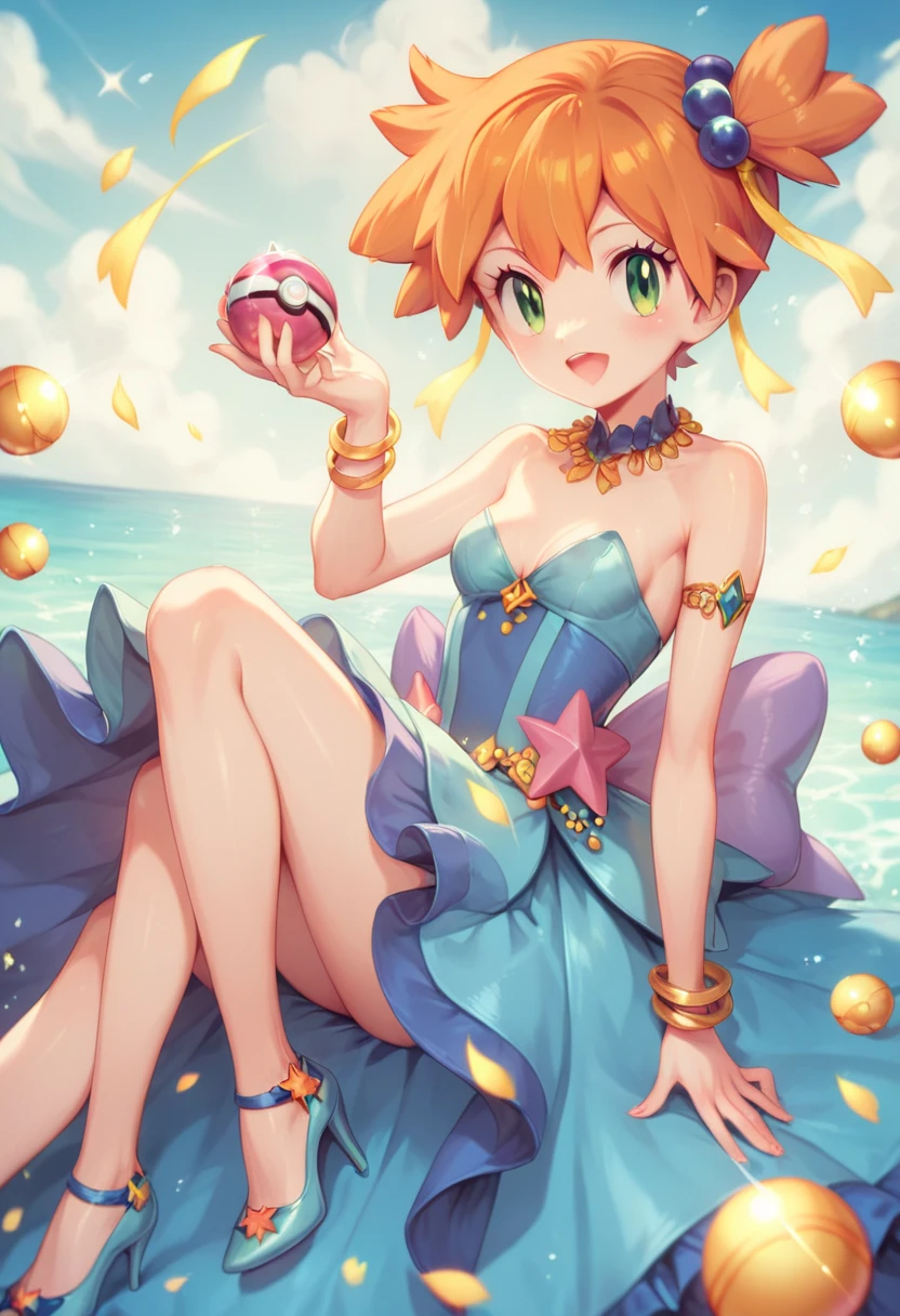 (Misty_Pokemon)
(Berry Short,Orange Hair,one side up hair,Big green eyes,Small breasts,Skinny) Ball Gown: This is a dress exclusive to Pokémon Contests, introduced in the sixth generation of the video games. It is a Japanese idol dress with pastel and bright blue colors, decorated with various ornaments such as pearls, diamonds or starfish. It is a beautiful dress that represents the sea.. It includes a bow,  high heels, and a golden bracelet to Mega Evolve .Dress in blue tones, beautiful shiny dress, 