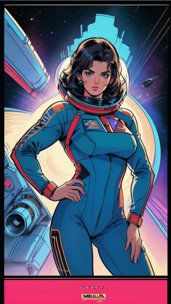 ((( Best Quality Masterpiece ))),(((Absolutely one woman))),(spacesuit that emphasizes cleavage ),((( 70s and 80s space thriller movie posters))),( American Comics ),((( retro vintage style ))),Overwhelmingly complex depiction,Absolute machine group background, futuristic cyberpunk ,Extremely accurate and delicate depiction,