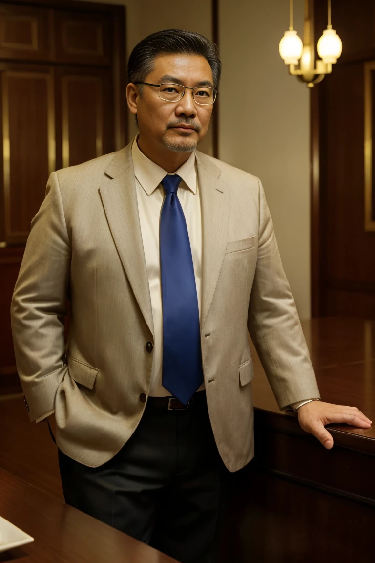 ( high quality , actual ,photo actual :1.37),( is of the best quality,4K,8K, high resolution,masterpiece:1.2),portrait,50-year-old Chinese man, displeased ,50 years,waiter,Father,type,Room ,University classroom, bright and soft lighting, rich color . suit ，Wearing glasses，fat，Beer belly，pregnant，beard，Goatee，整齐的 suit ，Sexy，kindly